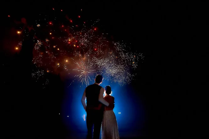 chicago wedding fireworks photo - bride and groom